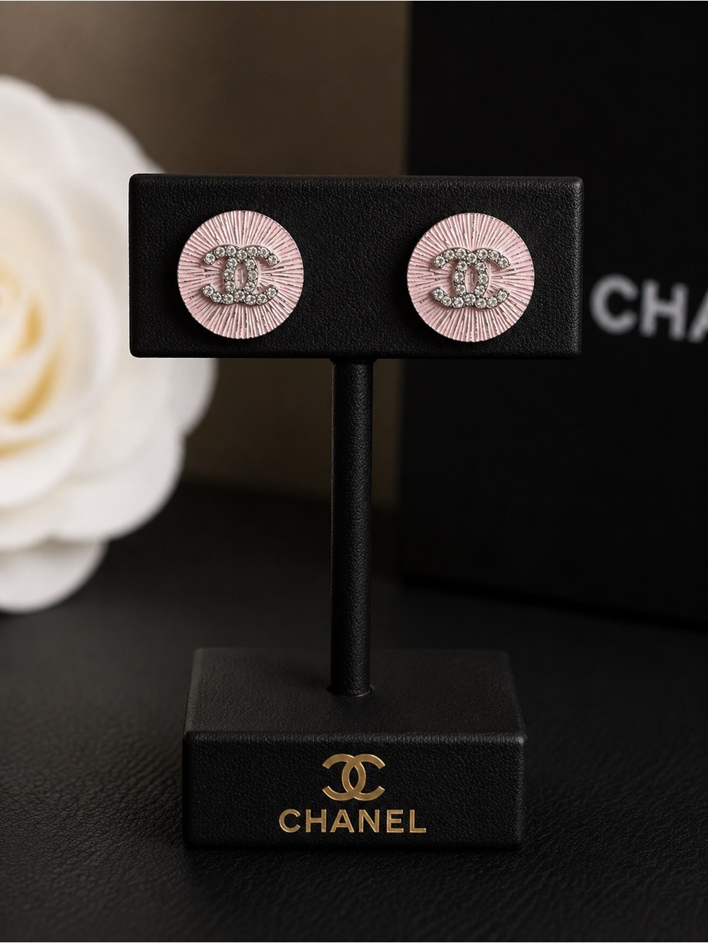 Chanel Pink Crystal CC Round Stud Earrings